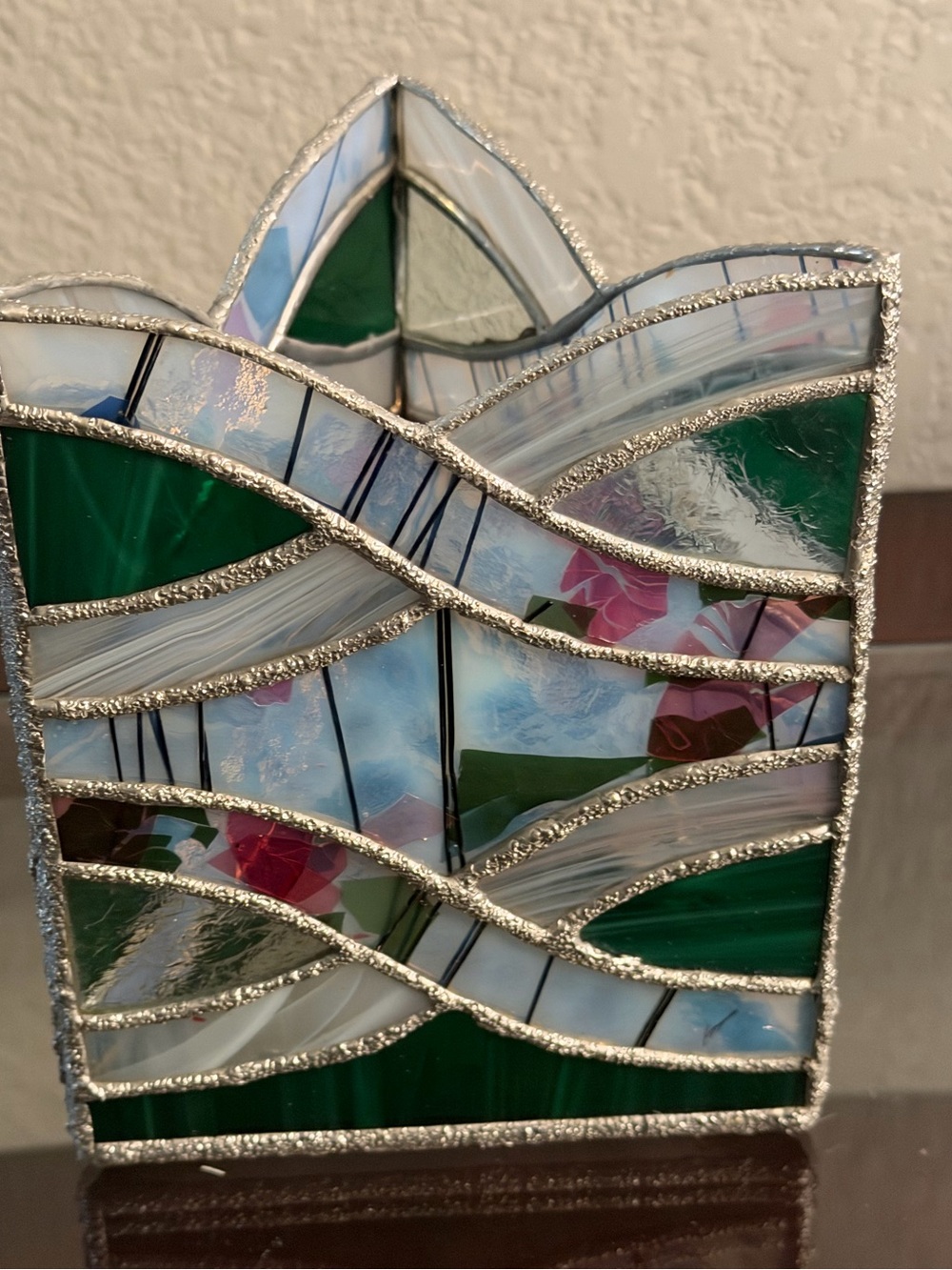 Vintage Handcrafted Leaded Stain Glass Candle Holder Triangular 6.5" x 5" EUC